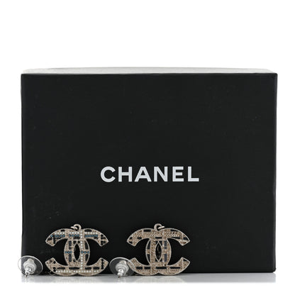 Chanel Pearl Crystal CC Tweed Drop Earrings Silver Blue Black 5 of 5