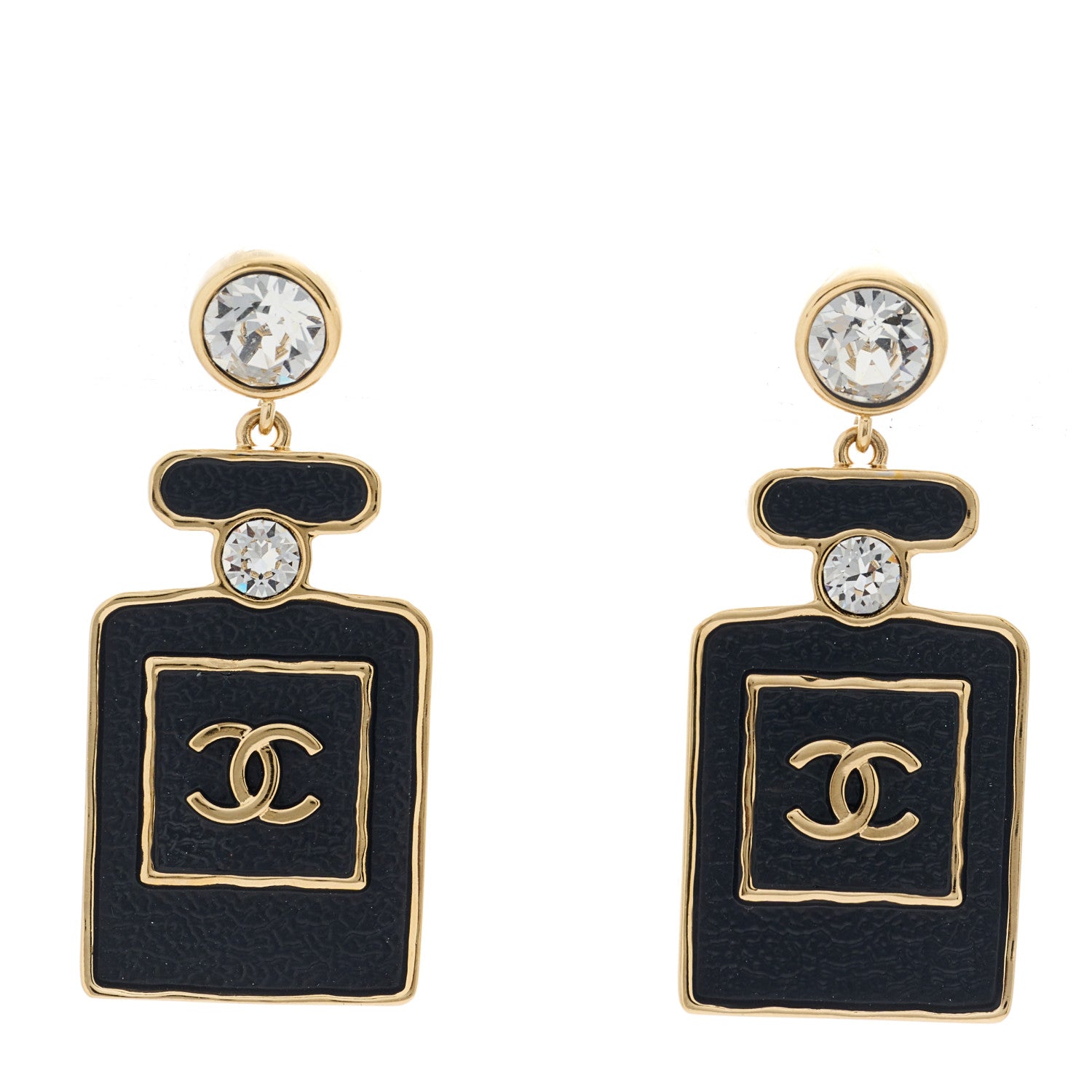 Chanel Metal Crystal Enamel CC Perfume Bottle Drop Earrings Gold Black 1 of 5