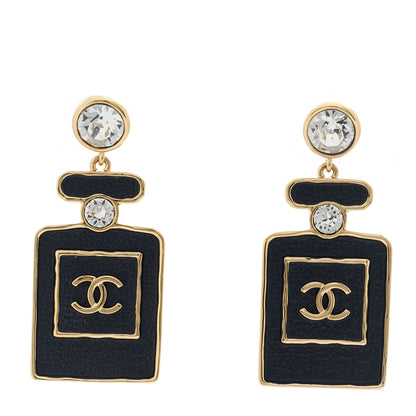 Chanel Metal Crystal Enamel CC Perfume Bottle Drop Earrings Gold Black 1 of 5