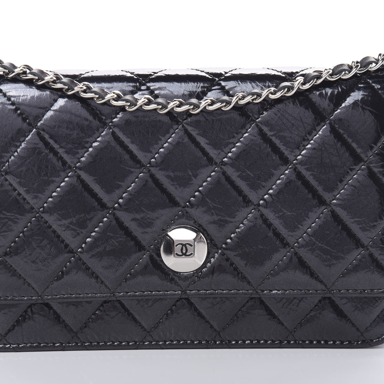 Chanel Patent Metallic Crumpled Calfskin Quilted Wallet On Chain WOC Navy 9 of 12