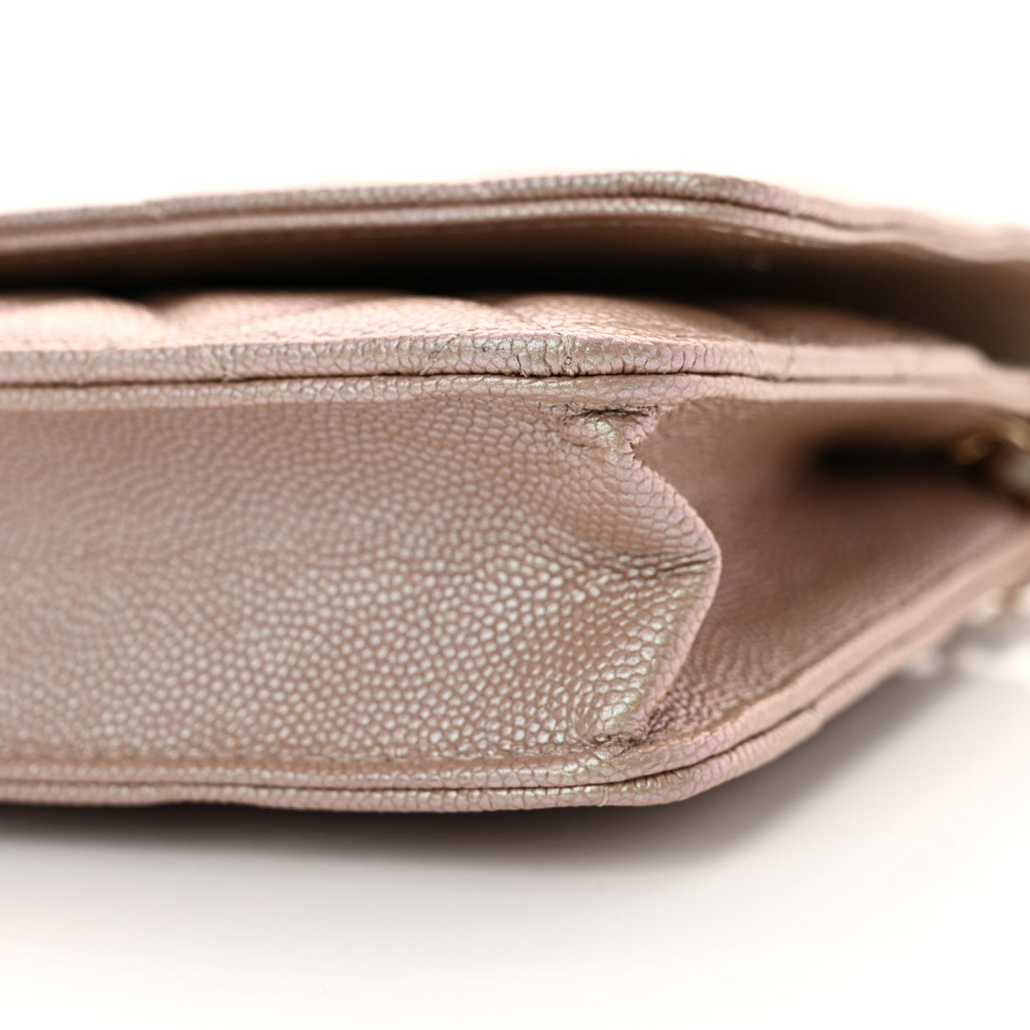 Iridescent Caviar Quilted Wallet on Chain WOC Beige