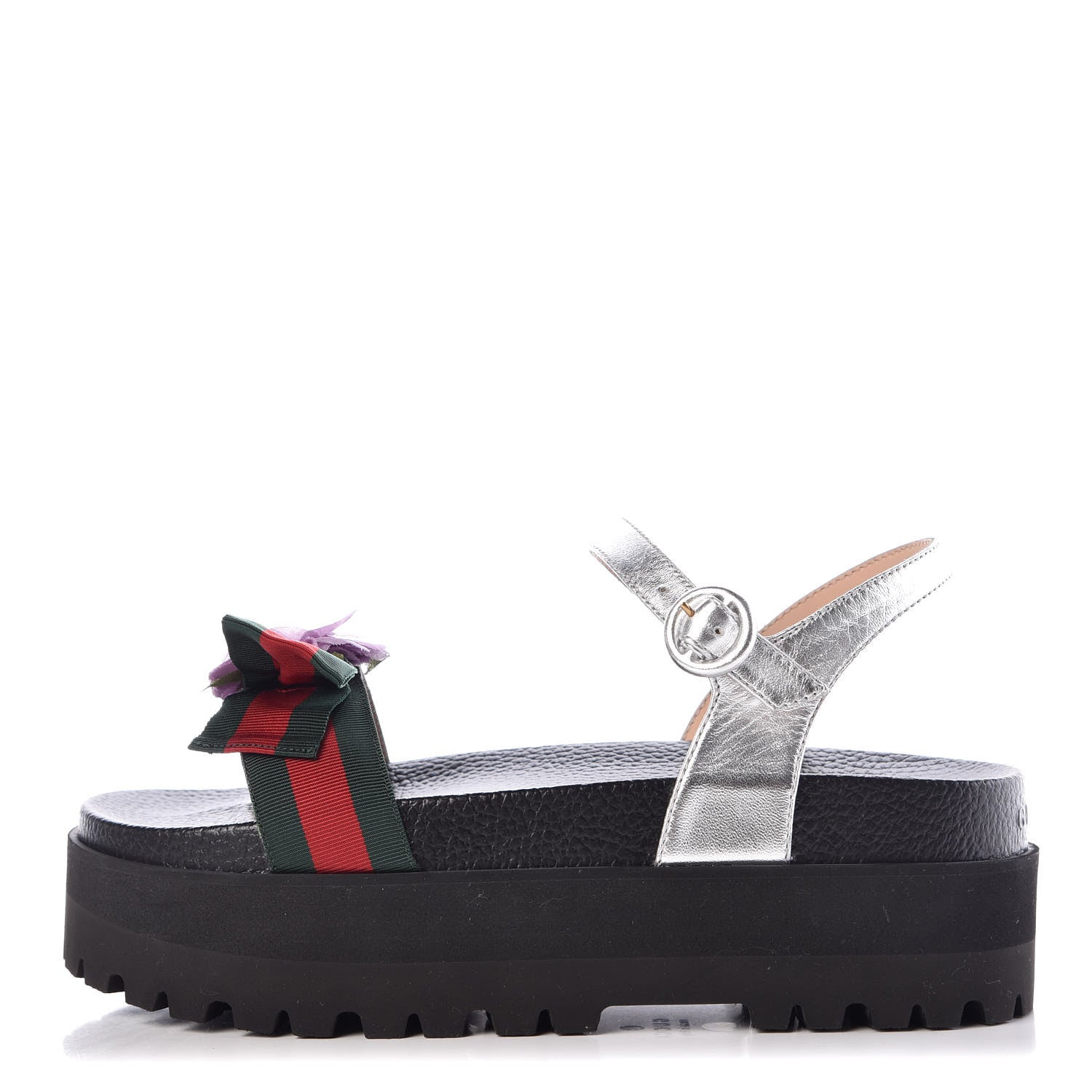 Gucci Metallic Calfskin Web Platform Sandal 38.5 Black 1 of 7