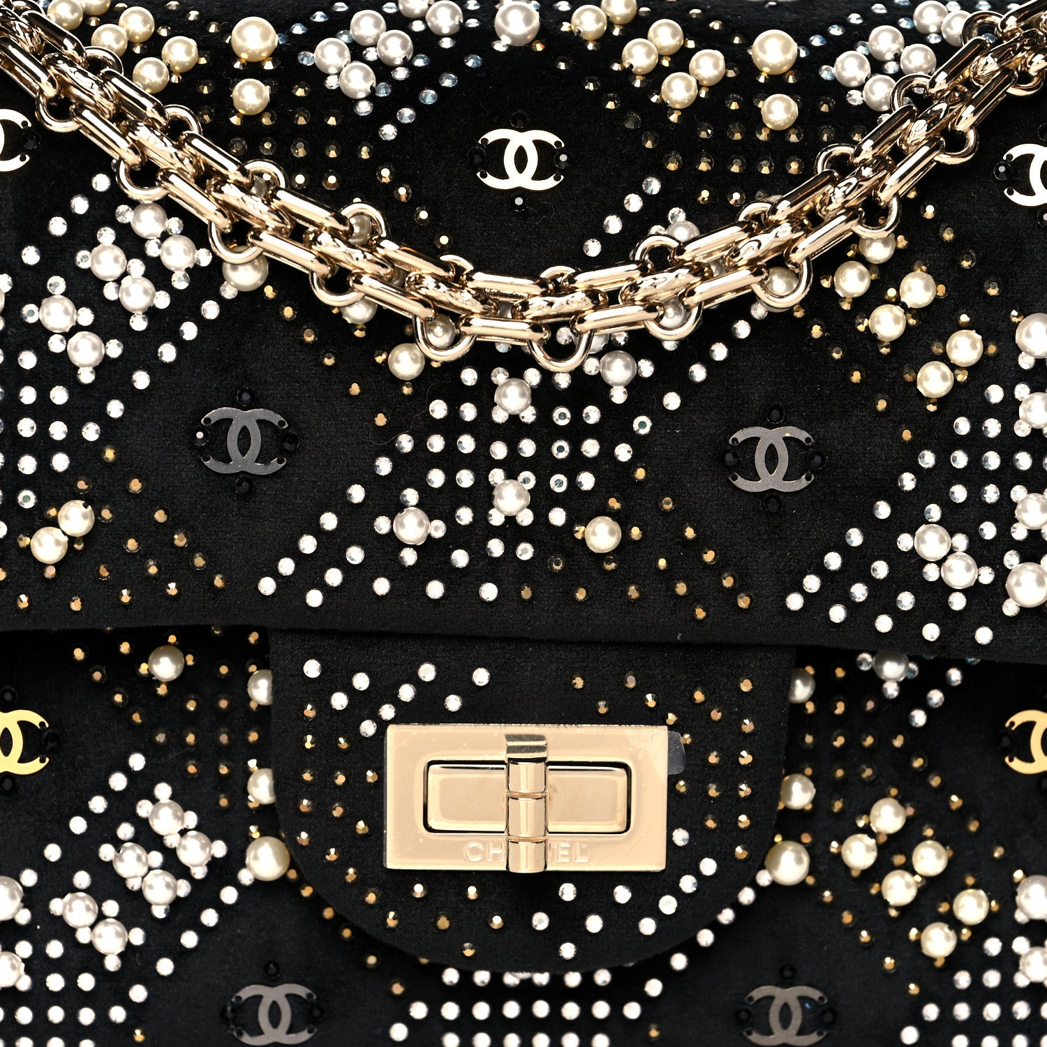 Chanel Velvet Pearl Crystal Embellished 2.55 Mini Reissue Flap Black 8 of 10