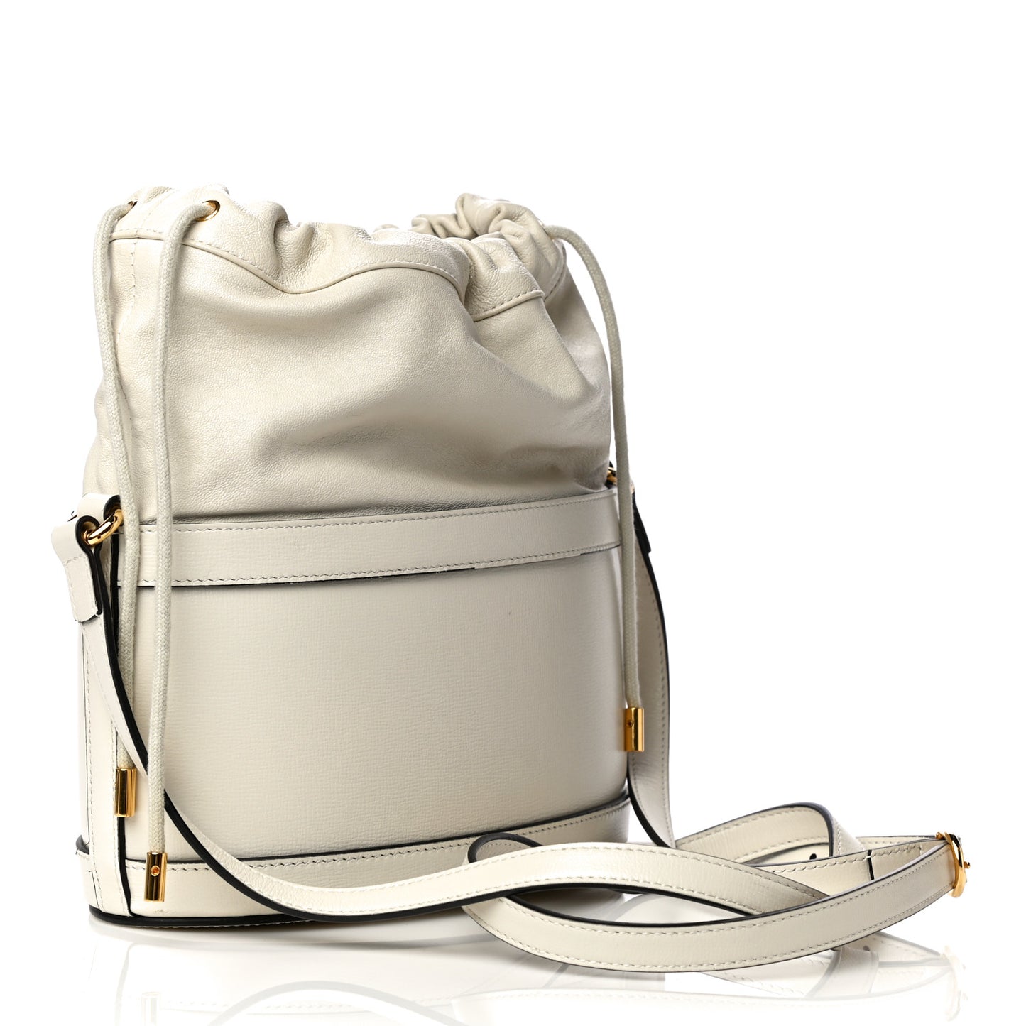 Azalea Sakai Calfskin Horsebit 1955 Drawstring Bucket Bag Mystic White