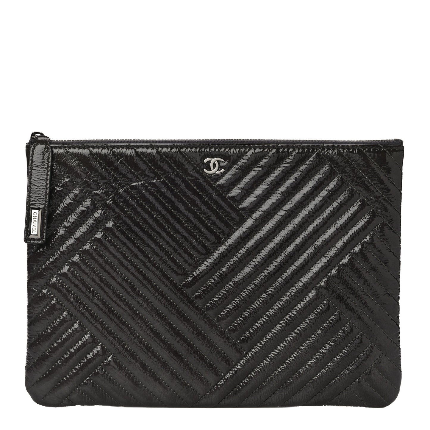 Distressed Patent Chevron Quilted Medium CC Crossing Cosmetic Case Black
