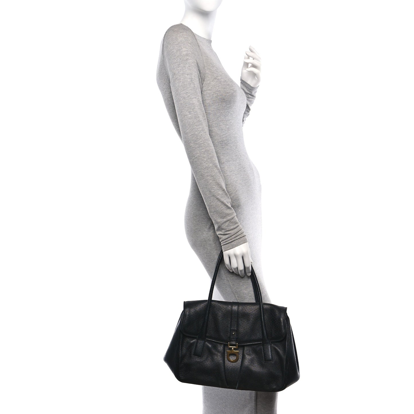 Calfskin Perforated Gancini Trifolio Top Handle Bag Black