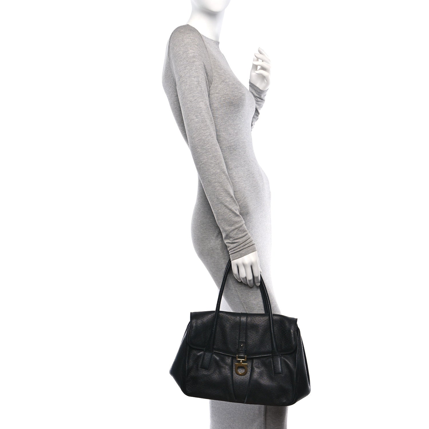Salvatore Ferragamo Calfskin Perforated Gancini Trifolio Top Handle Bag Black 2 of 10
