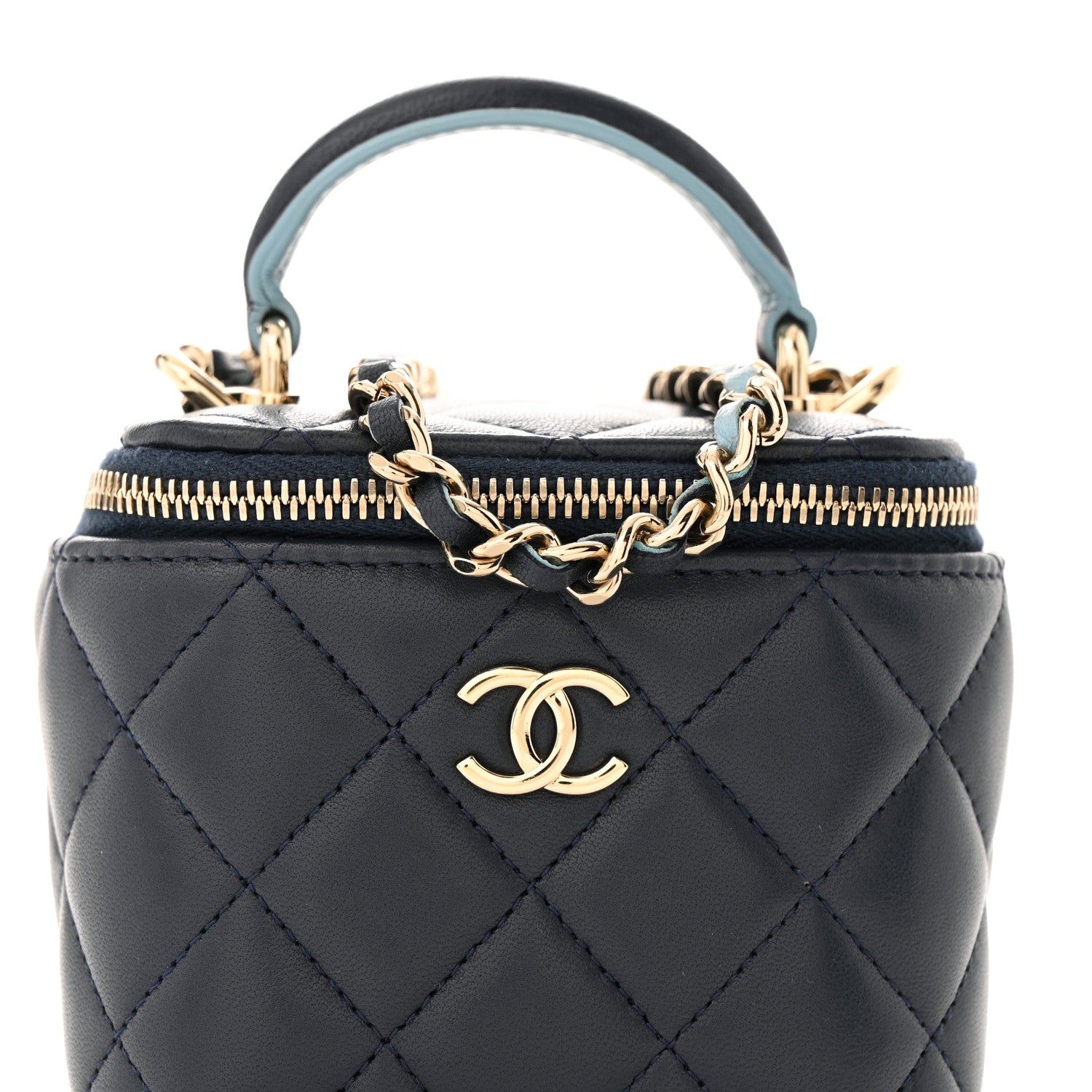 Chanel Lambskin Quilted Top Handle Mini Vanity Case With Chain Dark Blue Light Blue 8 of 11