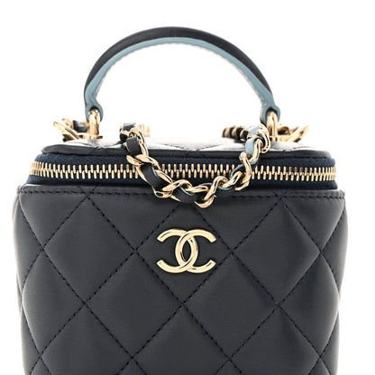Chanel Lambskin Quilted Top Handle Mini Vanity Case With Chain Dark Blue Light Blue 8 of 11