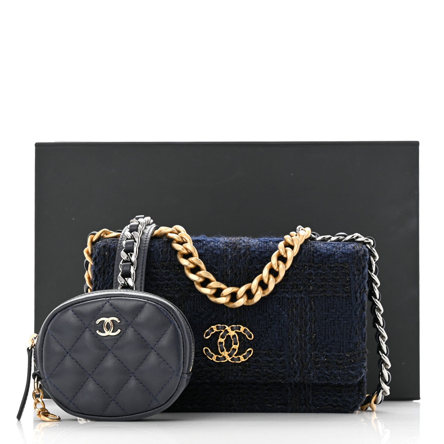 Wool Tweed Lambskin Quilted Chanel 19 Wallet On Chain WOC Navy