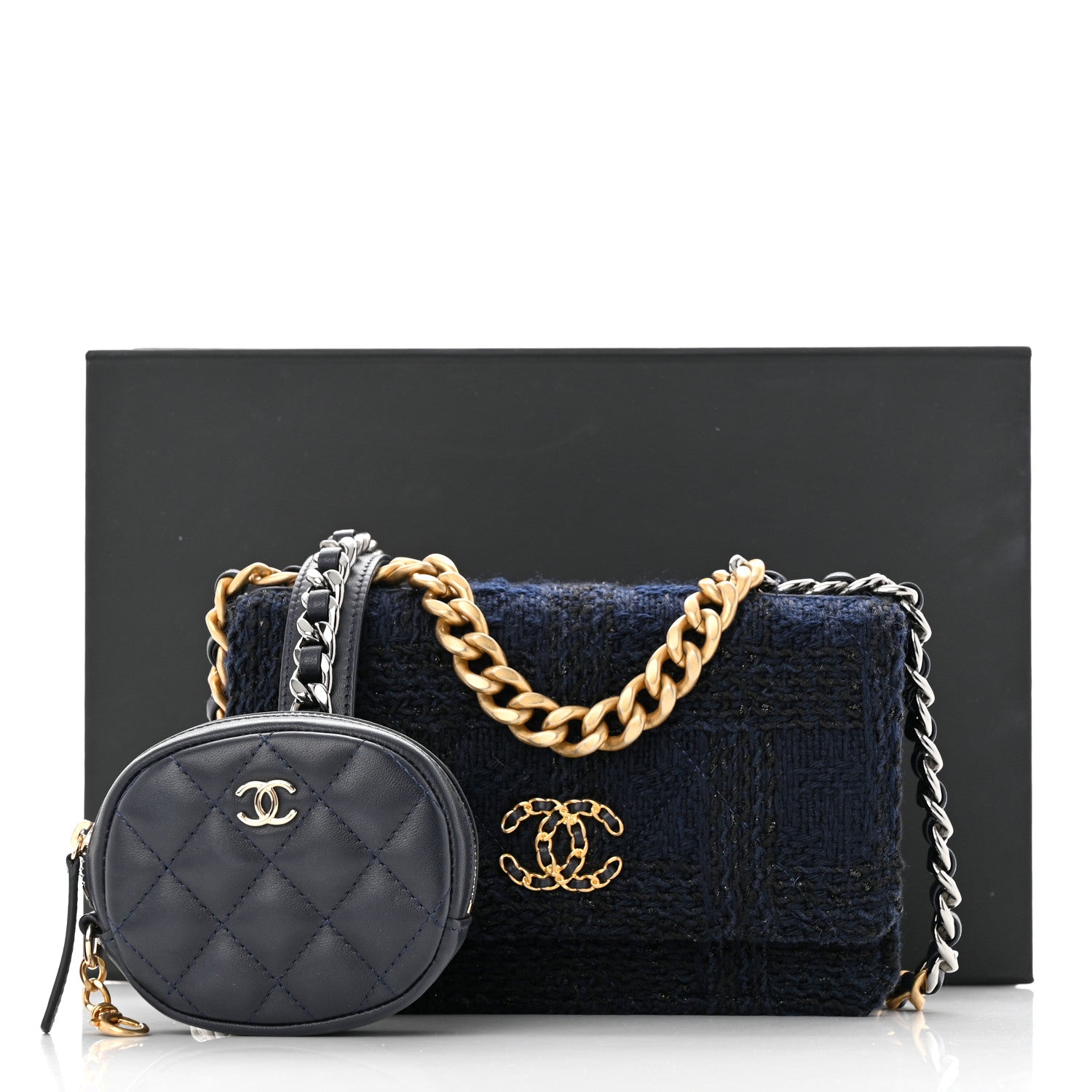Chanel Wool Tweed Lambskin Quilted Chanel 19 Wallet On Chain WOC Navy 13 of 13
