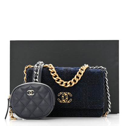 Chanel Wool Tweed Lambskin Quilted Chanel 19 Wallet On Chain WOC Navy 13 of 13