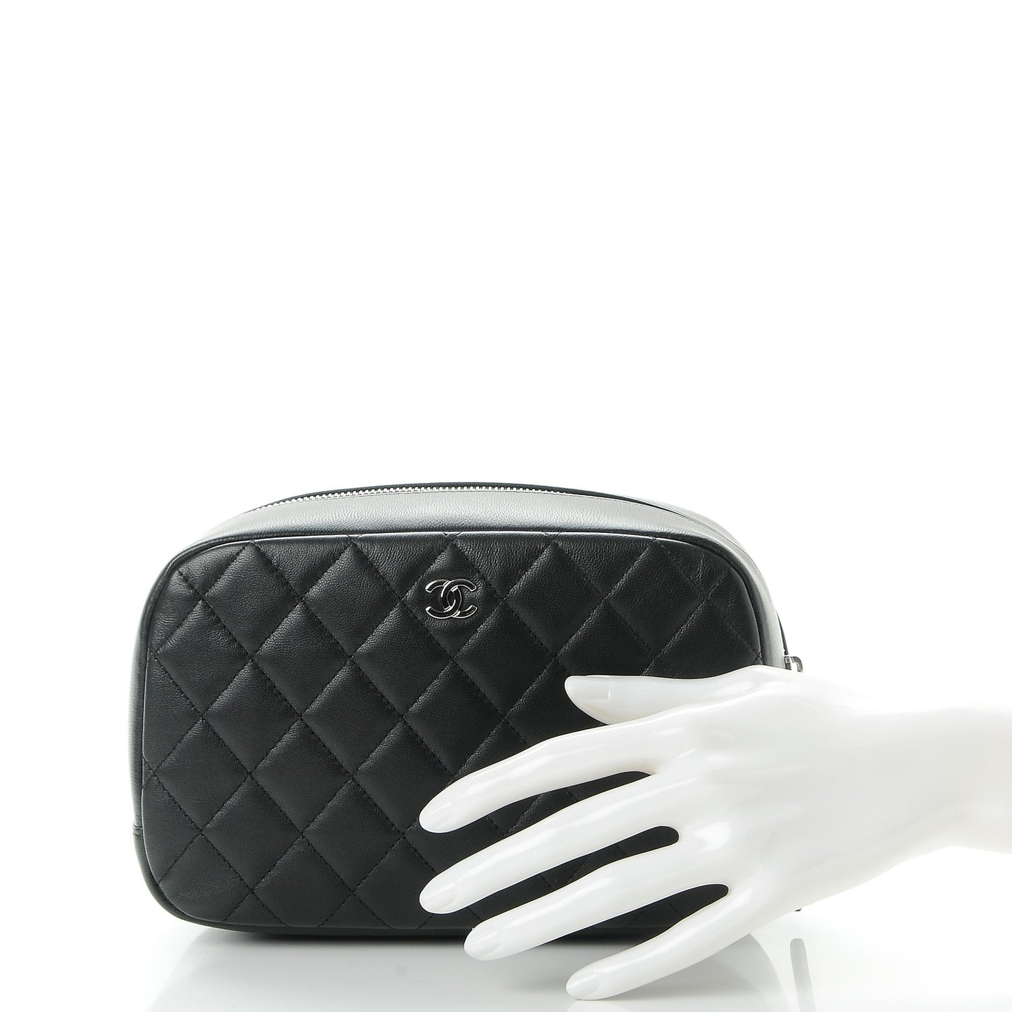 Lambskin Quilted Medium Curvy Pouch Cosmetic Case Black