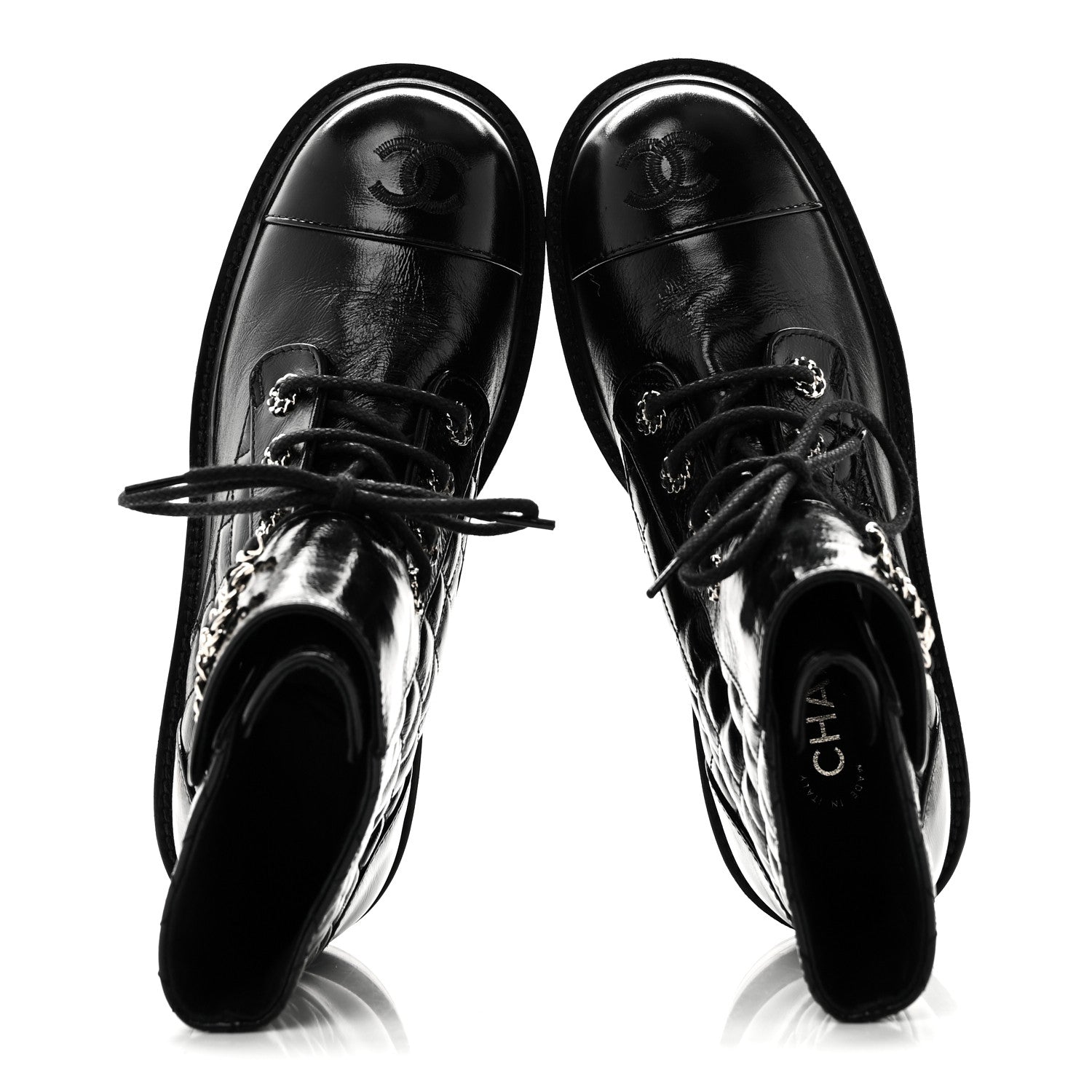Chanel Shiny Lambskin Quilted Lace Up Combat Boots 38.5 Black 5 of 8