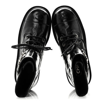 Chanel Shiny Lambskin Quilted Lace Up Combat Boots 38.5 Black 5 of 8