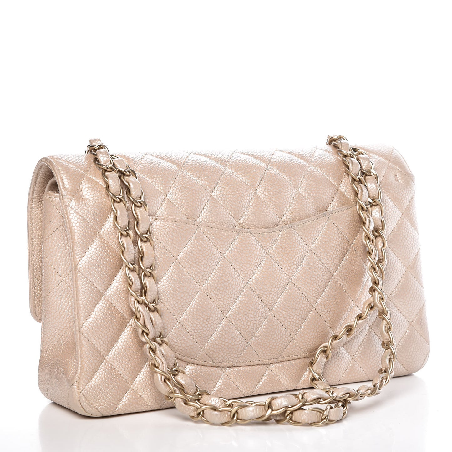 Pearly Caviar Quilted Medium Double Flap Light Beige