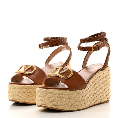 Valentino Garavani Pebbled Calfskin VLogo Ankle Wrap Espadrille 45/90mm Platform Wedge Sandals 41 Saddle Brown 3 of 9