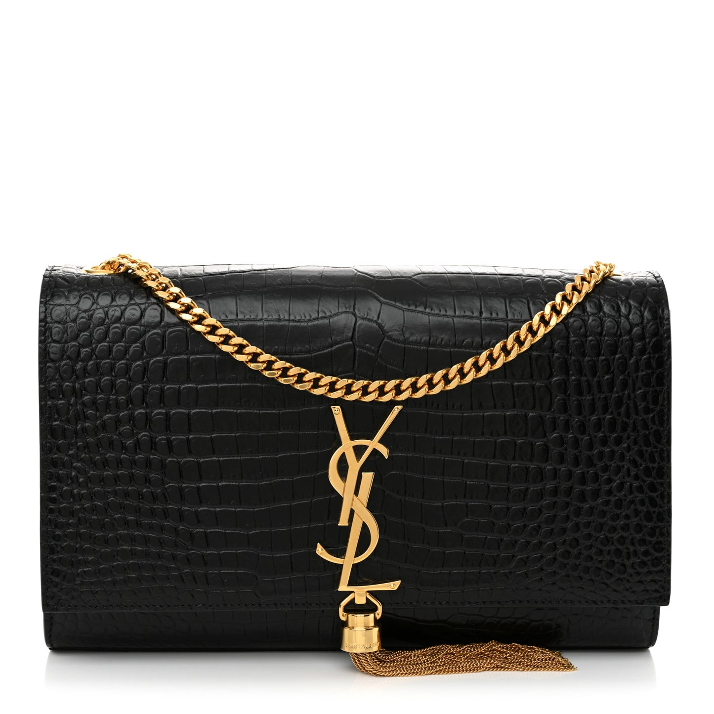Calfskin Crocodile Embossed Medium Classic Monogram Kate Tassel Satchel Black