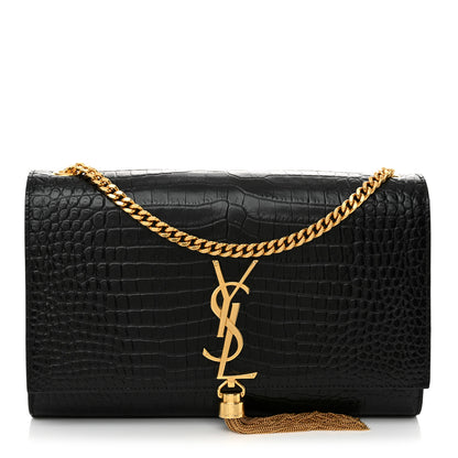 Saint Laurent Calfskin Crocodile Embossed Medium Classic Monogram Kate Tassel Satchel Black 1 of 13