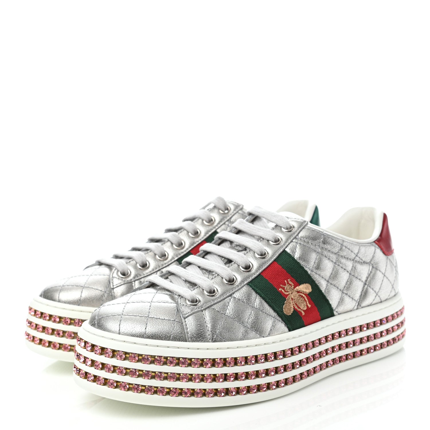 Gucci Laminated Nappa Crystal Web Bee Embroidered Trapuntata Womens Ace Platform Sneakers 35.5 Argento 3 of 8