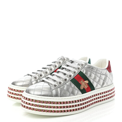 Gucci Laminated Nappa Crystal Web Bee Embroidered Trapuntata Womens Ace Platform Sneakers 35.5 Argento 3 of 8
