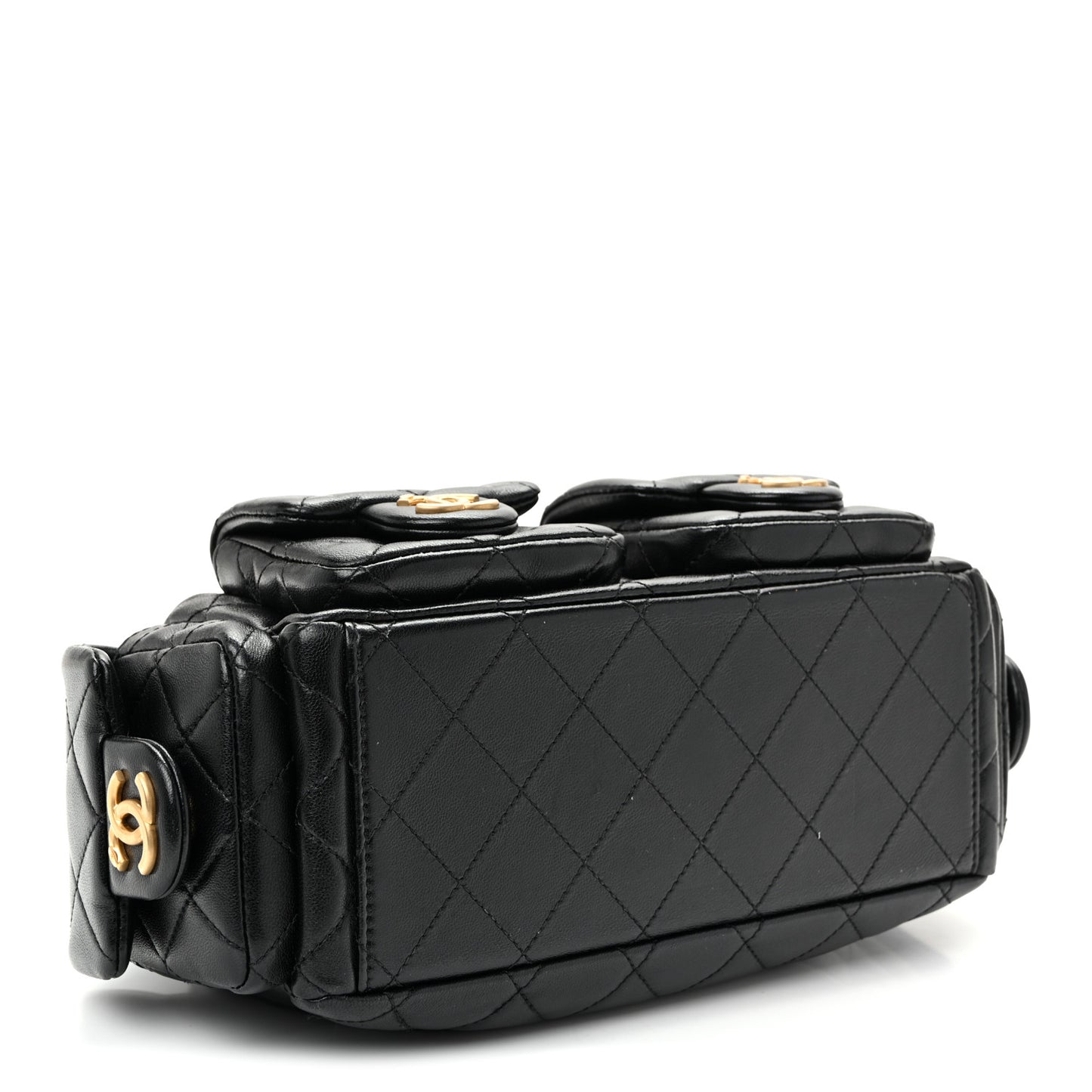 Shiny Lambskin Quilted Trendy Pockets Hobo Black