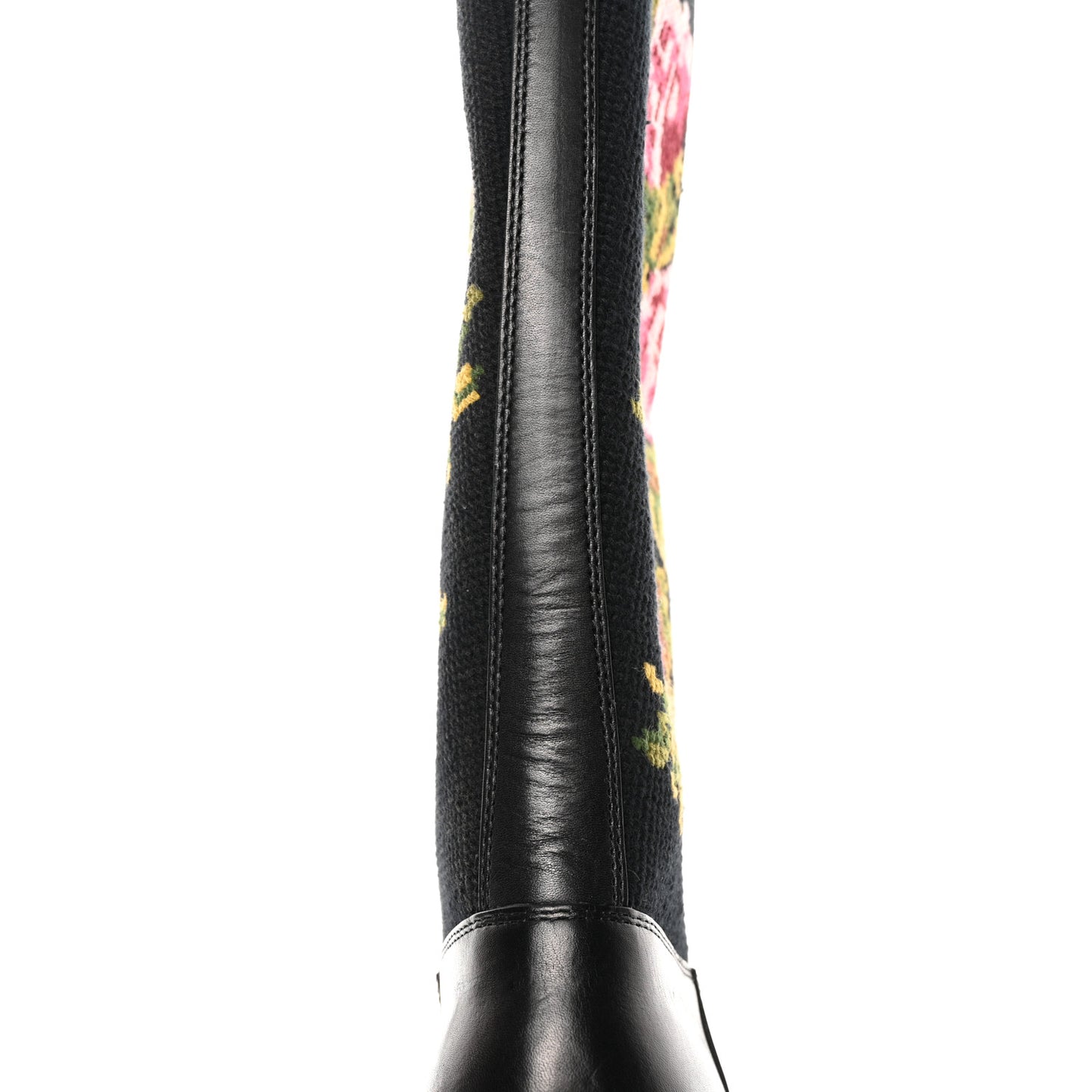Calfskin Woven Wool Embroidered Knee High Boots 37 Black