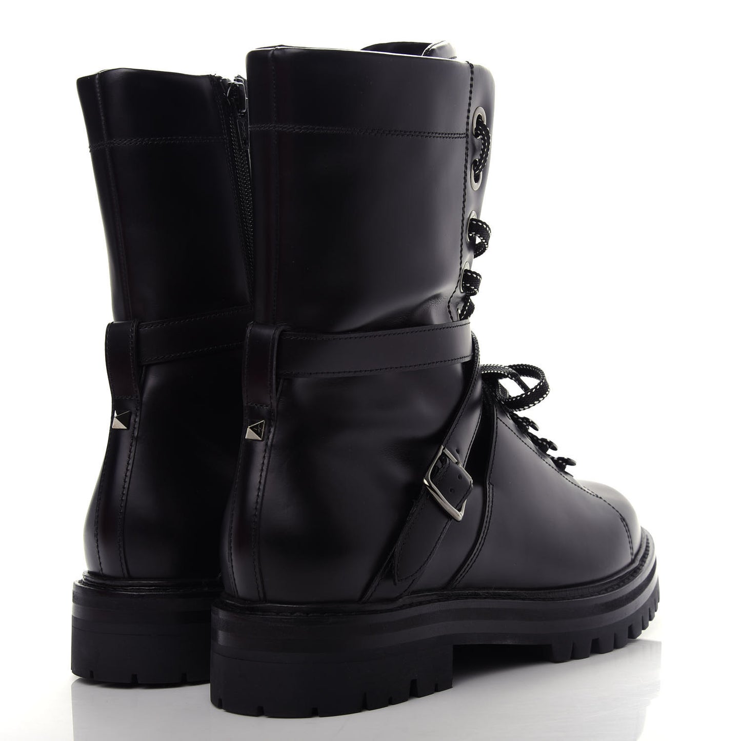 Smooth Calfskin Rockstud Buckled 25mm Combat Boots 40 Black