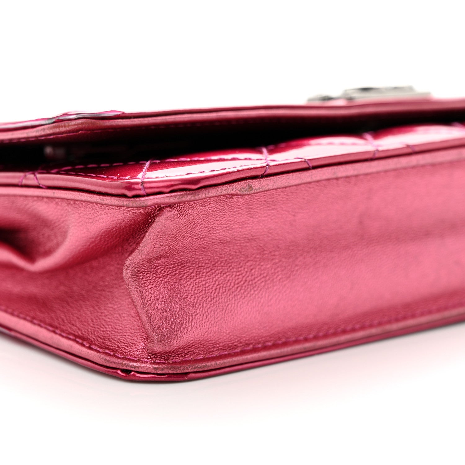 Chanel Metallic Patent Calfskin Quilted Boy Wallet on Chain WOC Fuchsia 10 of 16