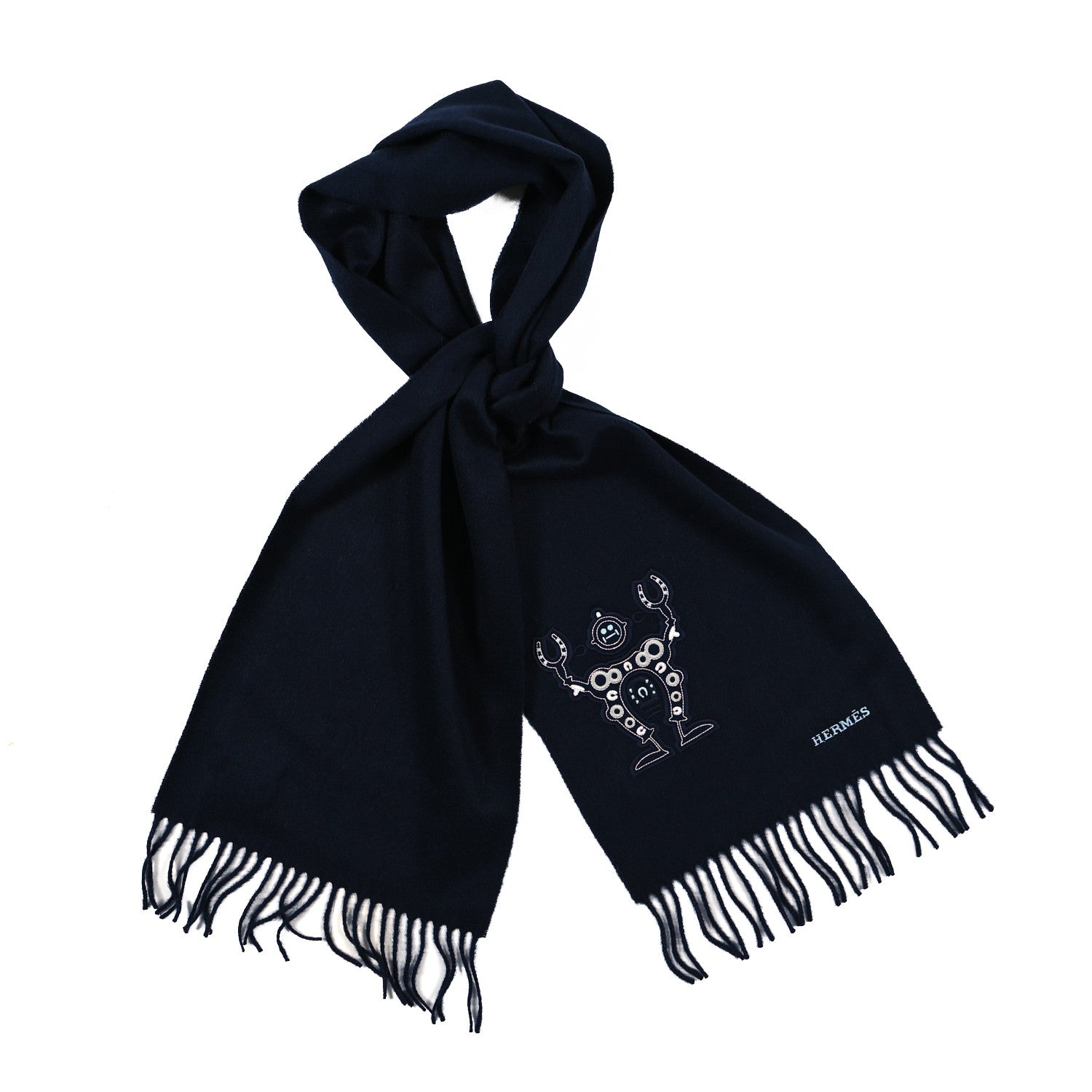 Hermes Cashmere Mr Farrier Patch Detail Muffler Marine 1 of 3