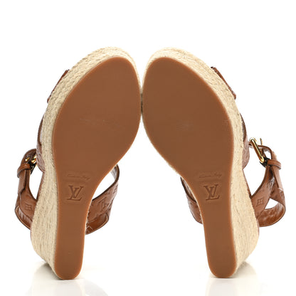 Louis Vuitton Calfskin Monogram Embossed Espadrille Wedge Sandals 36.5 Cognac 5 of 8
