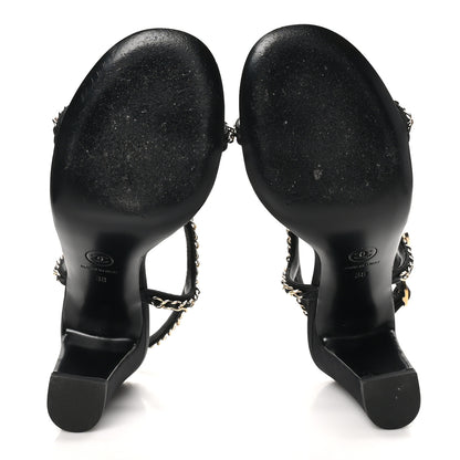 Chanel Silk Satin Pearl Chain CC Sandals 38 Black 6 of 12