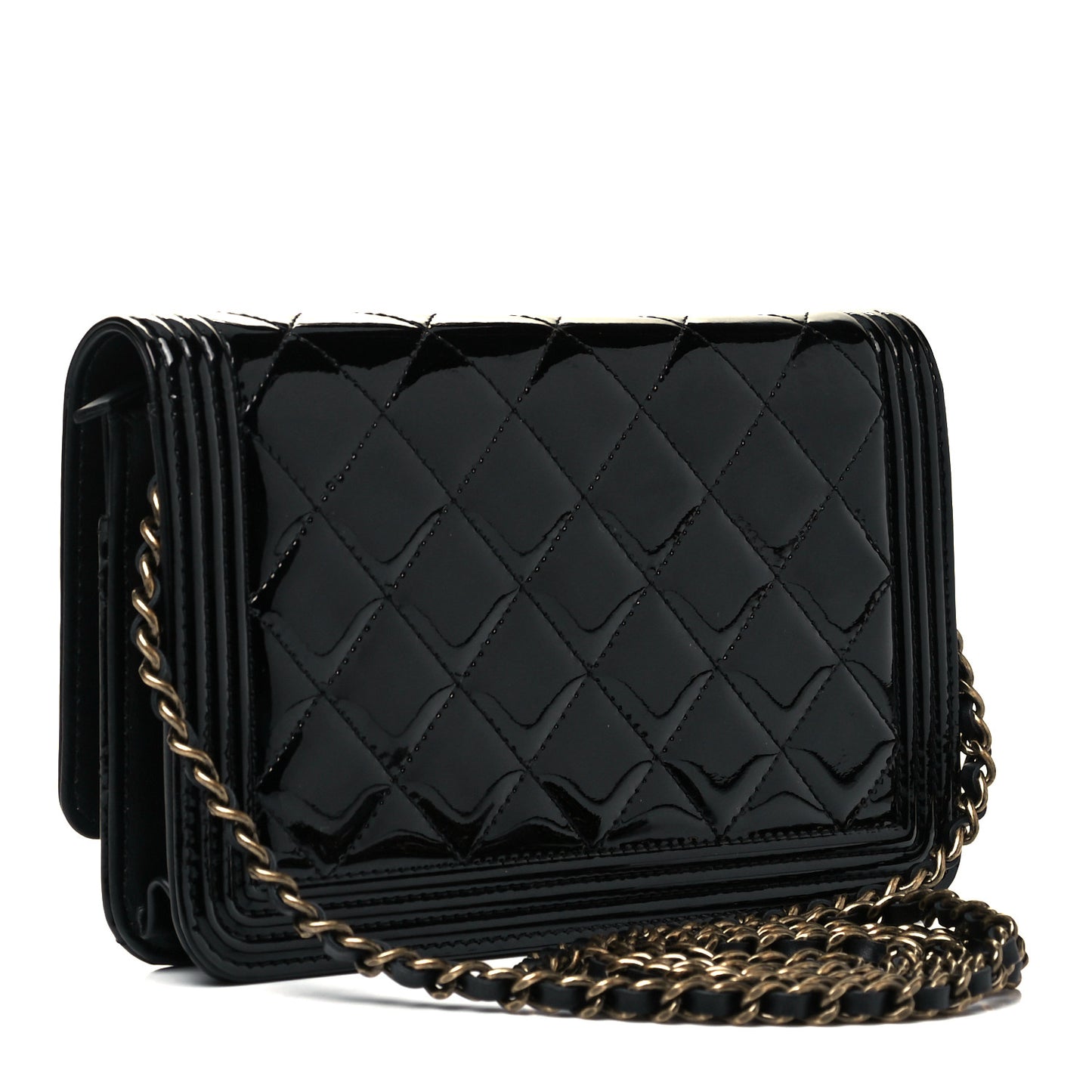 Patent Calfskin Quilted Boy Wallet On Chain WOC Black