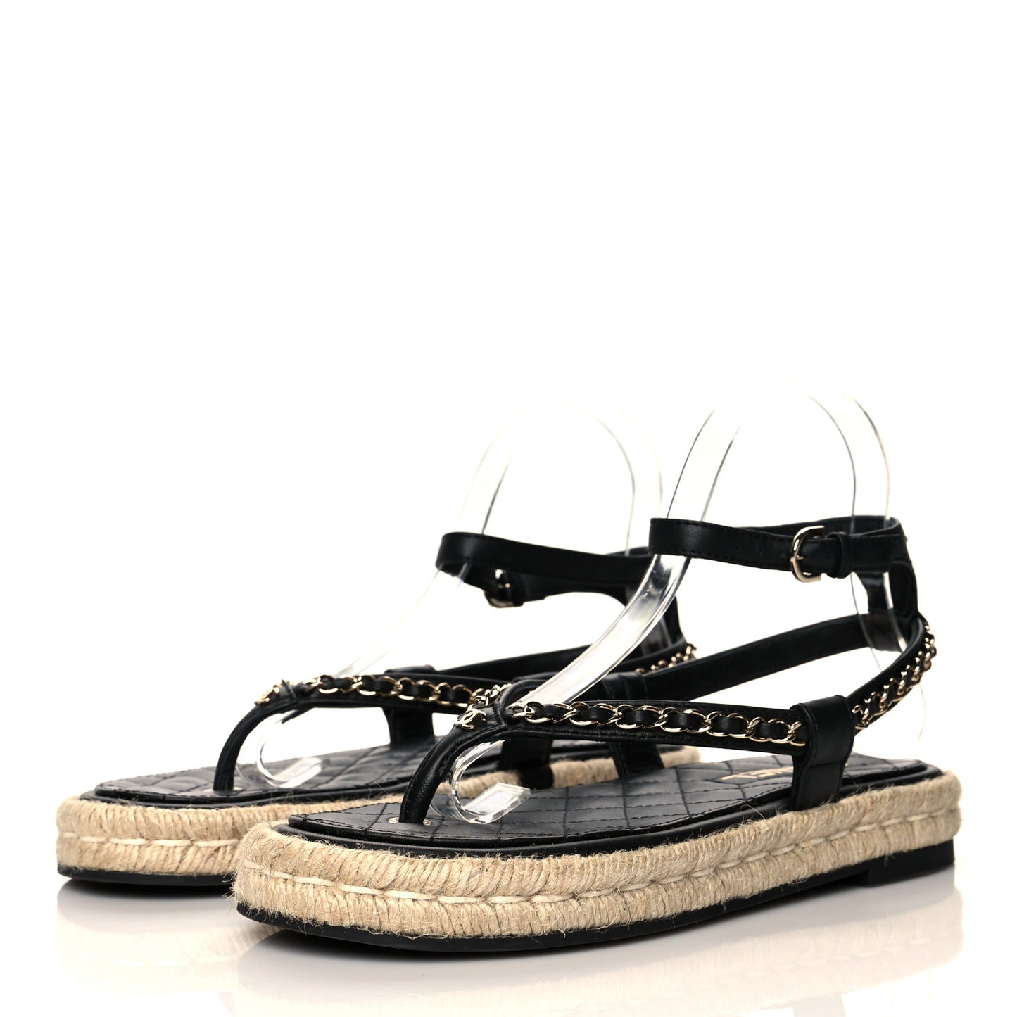Lambskin Chain CC Thong Espadrille Sandals 38 Black
