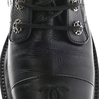 Chanel Shiny Goatskin Calfskin Quilted Lace Up Combat Boots 38 Black 11 of 14