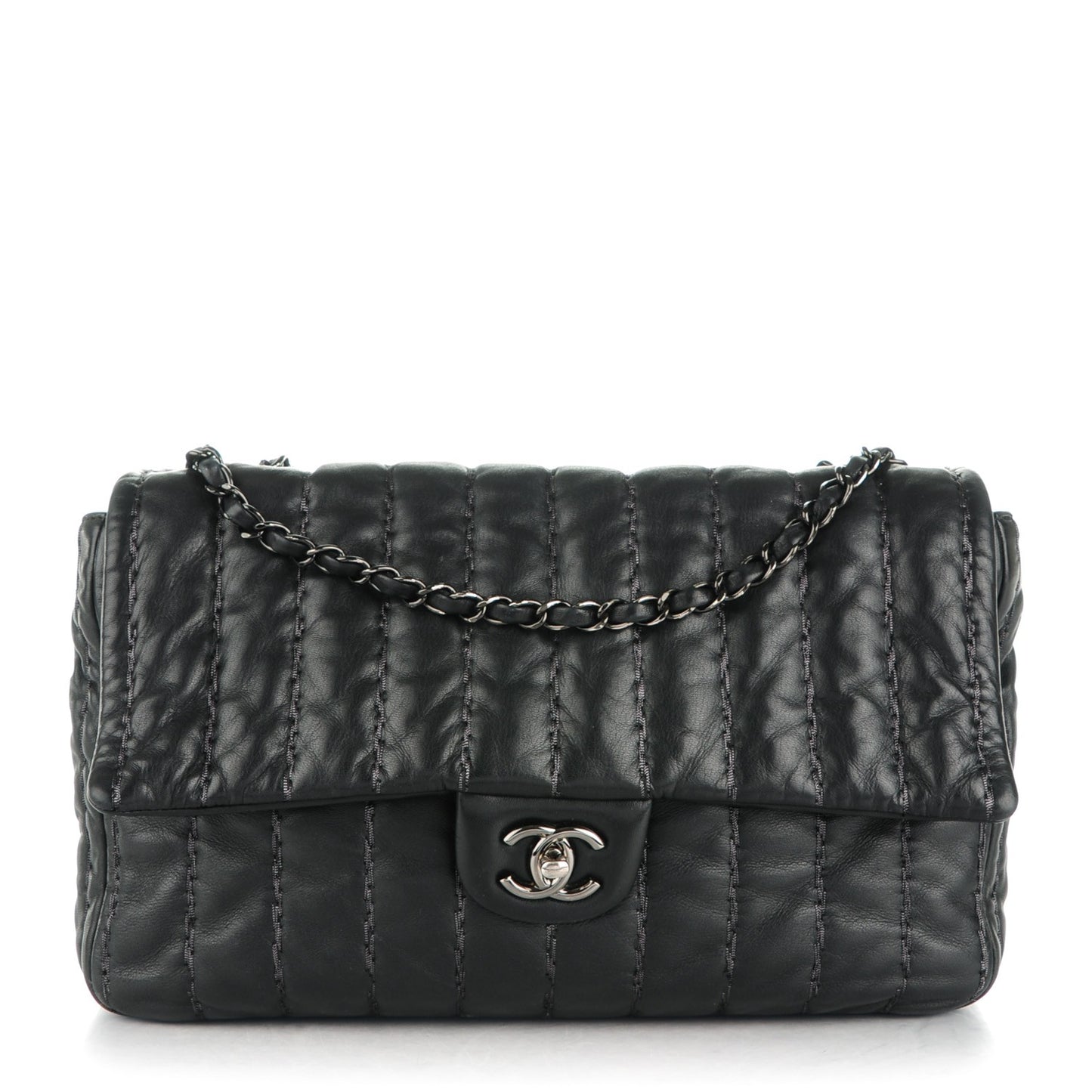 Lambskin Vertical Stitch Jumbo Single Flap Black