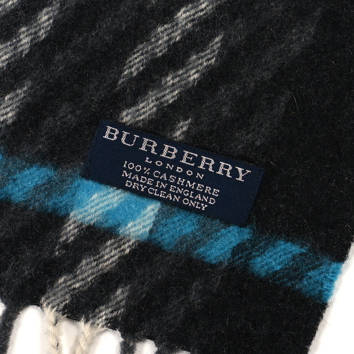 Cashmere Check Striped Fringe Scarf Dark Grey Blue