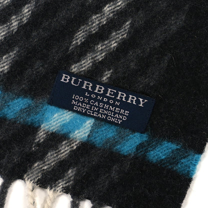 Burberry Cashmere Check Striped Fringe Scarf Dark Grey Blue 3 of 3