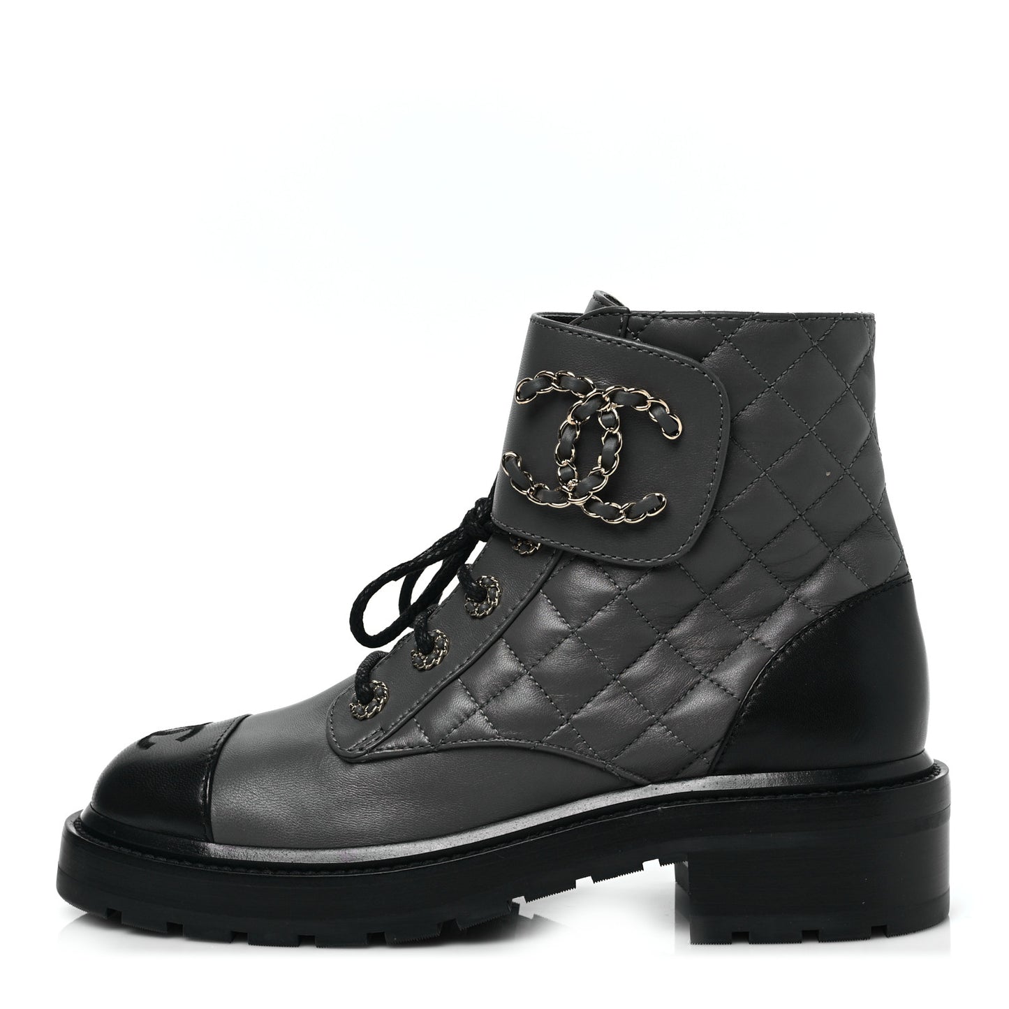 Shiny Lambskin Quilted Lace Up Combat Boots 38 Grey Black