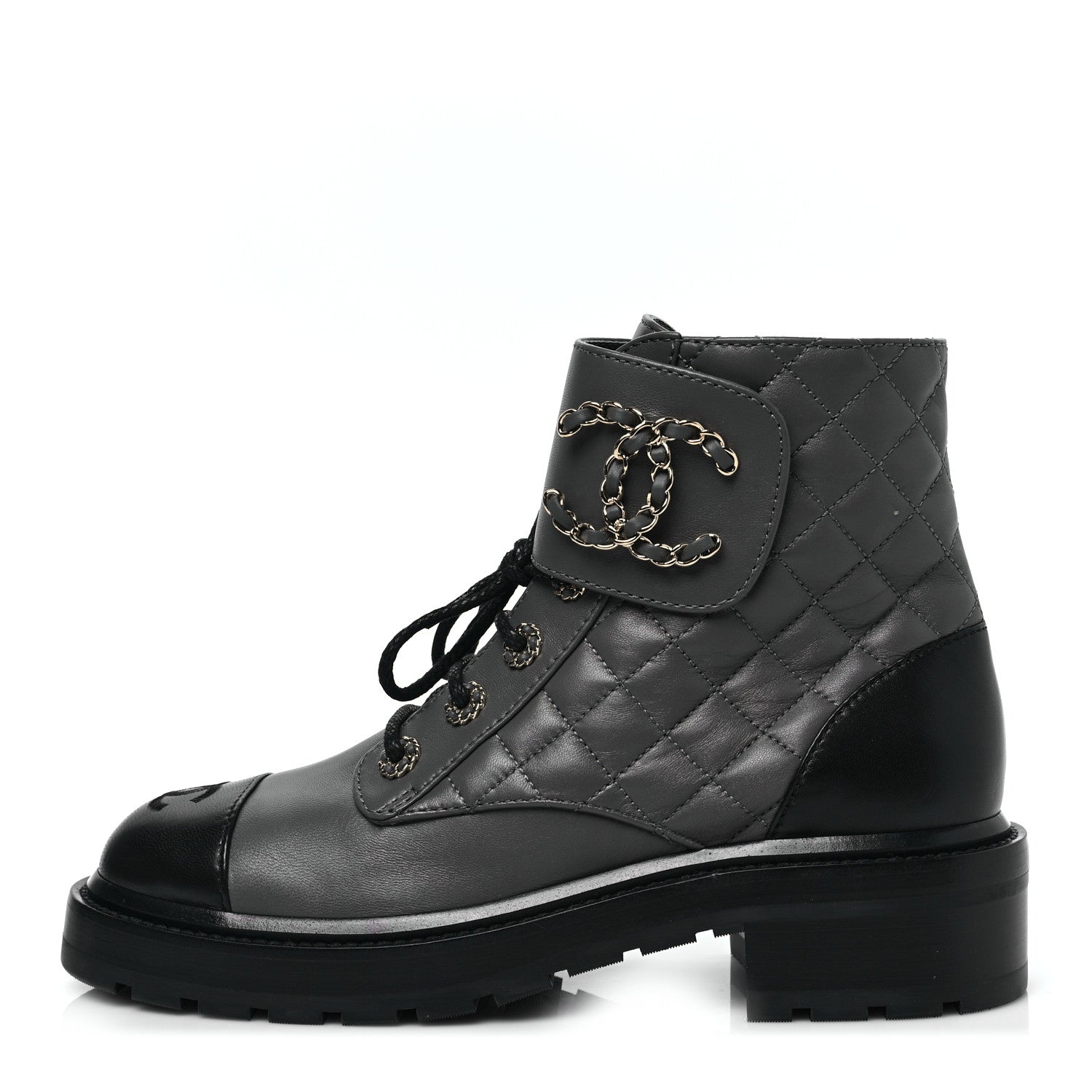 Chanel Shiny Lambskin Quilted Lace Up Combat Boots 38 Grey Black 1 of 7