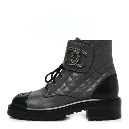 Chanel Shiny Lambskin Quilted Lace Up Combat Boots 38 Grey Black 1 of 7