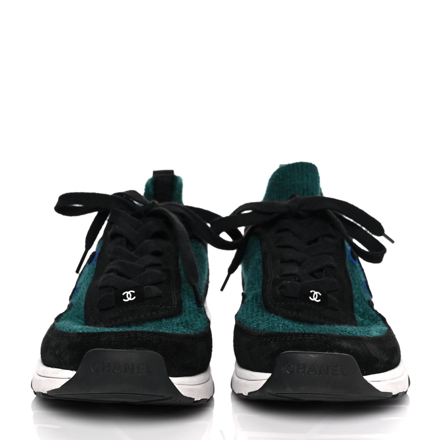 Chanel Fabric Suede Calfskin Womens CC Sneakers 40 Dark Green Black 2 of 8