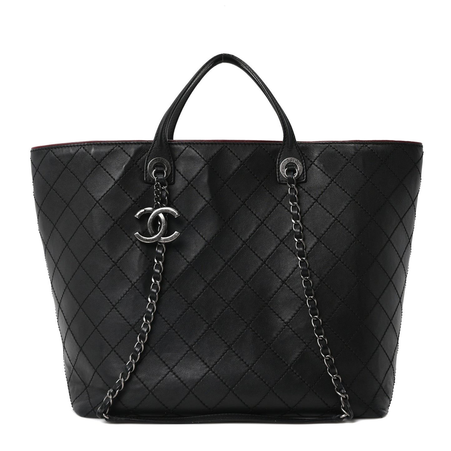 Calfskin Stitched Large Shopping Tote Black