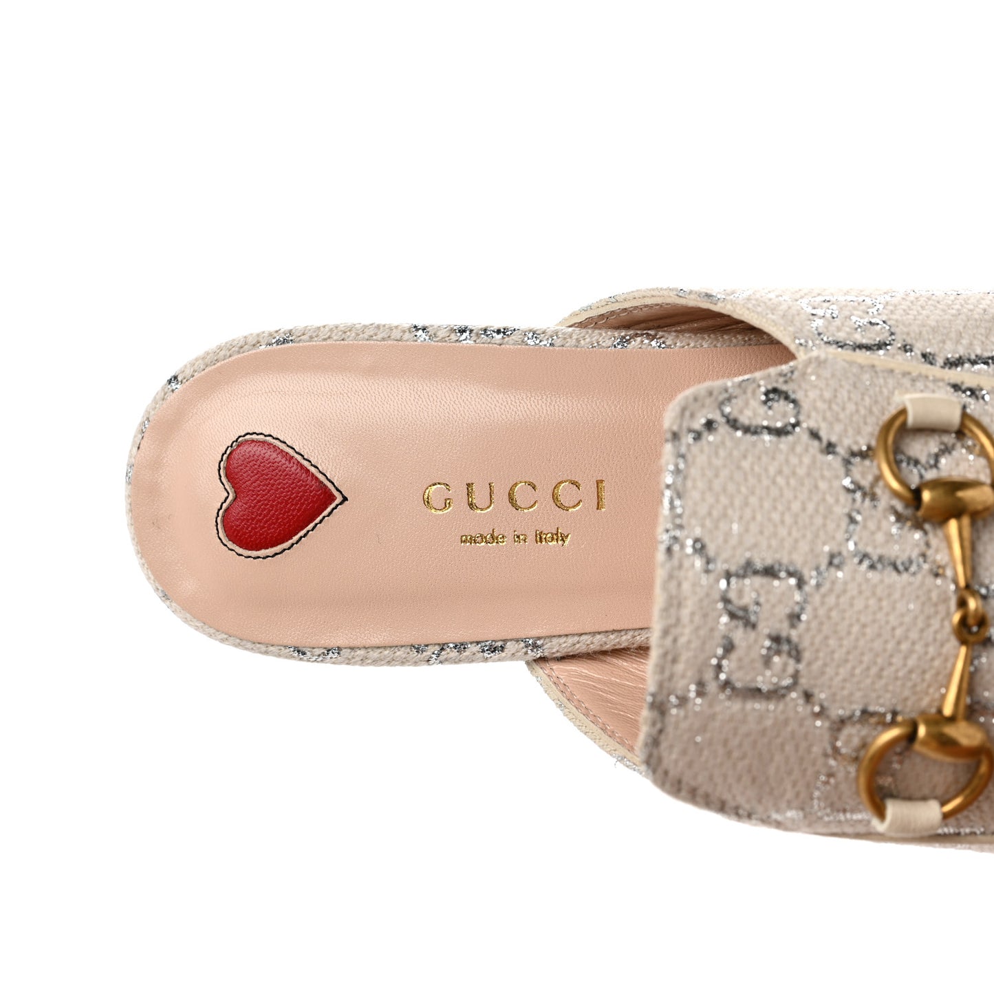 Canvas Lame GG Monogram Womens Princetown Slippers 37.5 Gardenia Silver