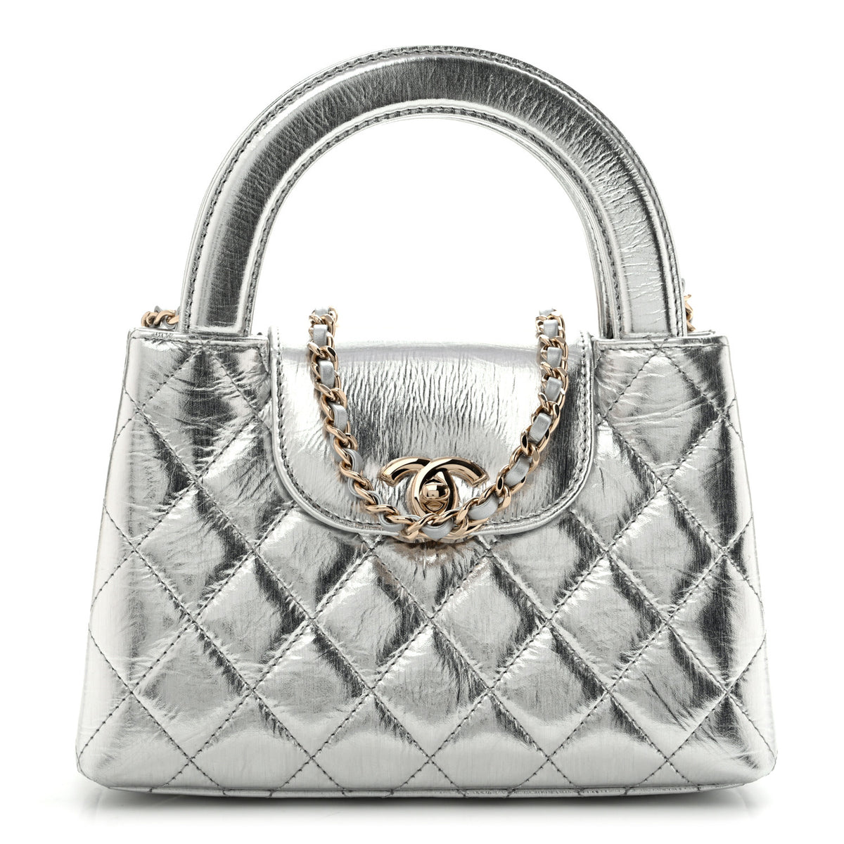 Metallic Aged Calfskin Quilted Nano Kelly Shopper Silvery