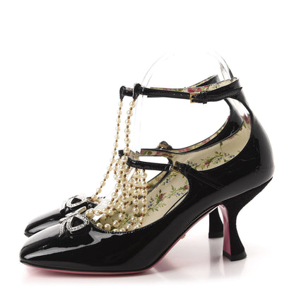 Gucci Patent Pearl Taide T-Strap Mid Heel Pumps 37 Black 3 of 10