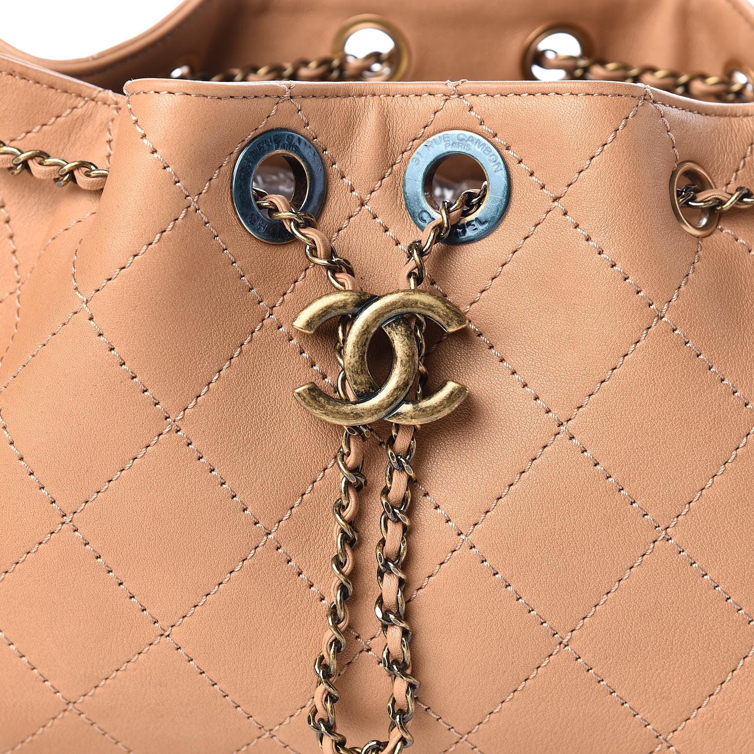 Chanel Calfskin Stitched Small Paris Rome Drawstring CC Bag Beige 10 of 10