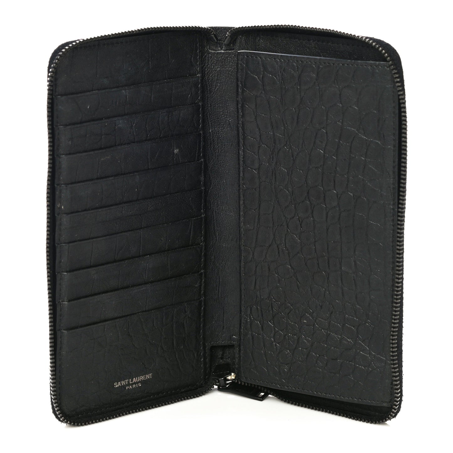Crocodile Embossed Sheepskin Mens Zip Around Continental Wallet Black