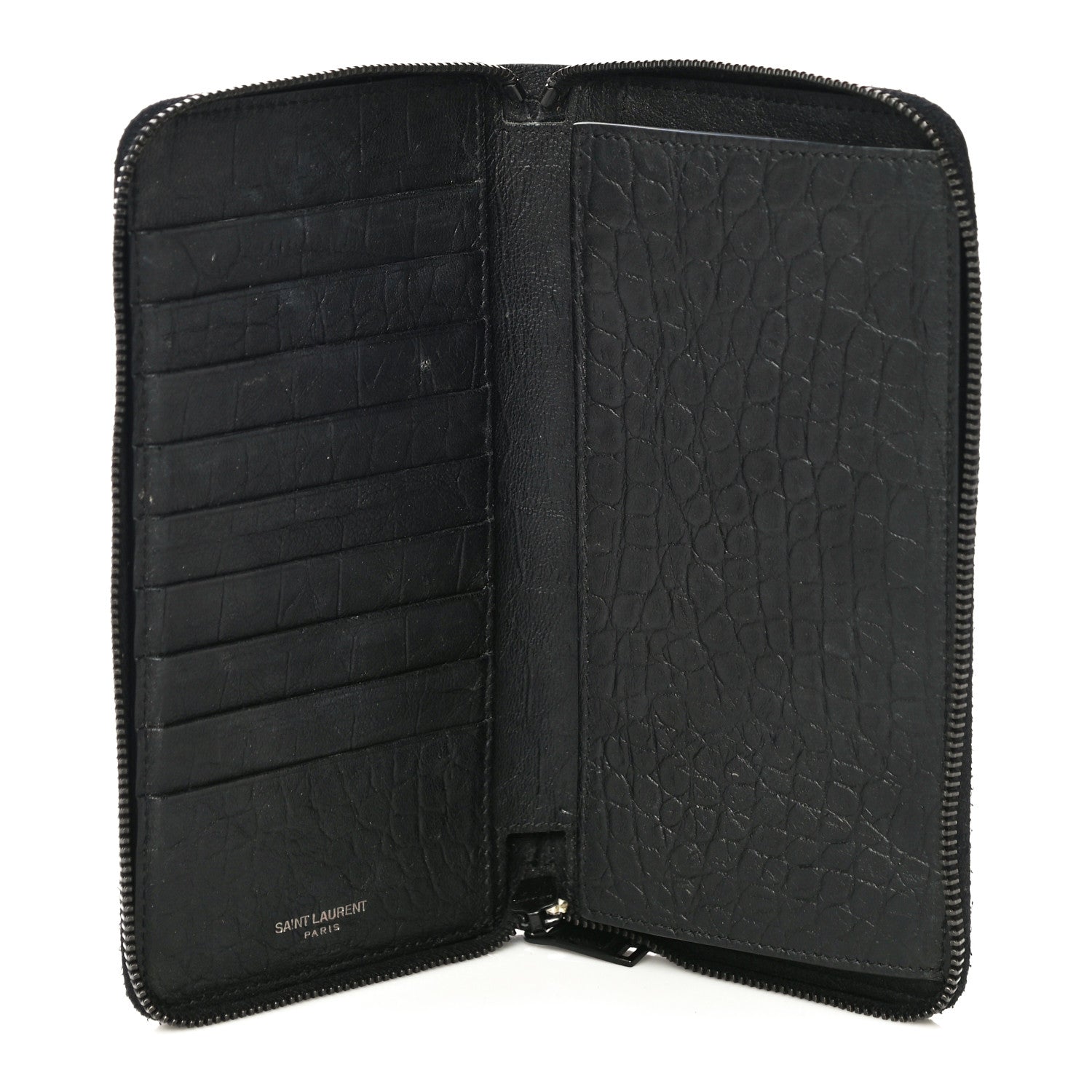 Saint Laurent Crocodile Embossed Sheepskin Mens Zip Around Continental Wallet Black 5 of 14