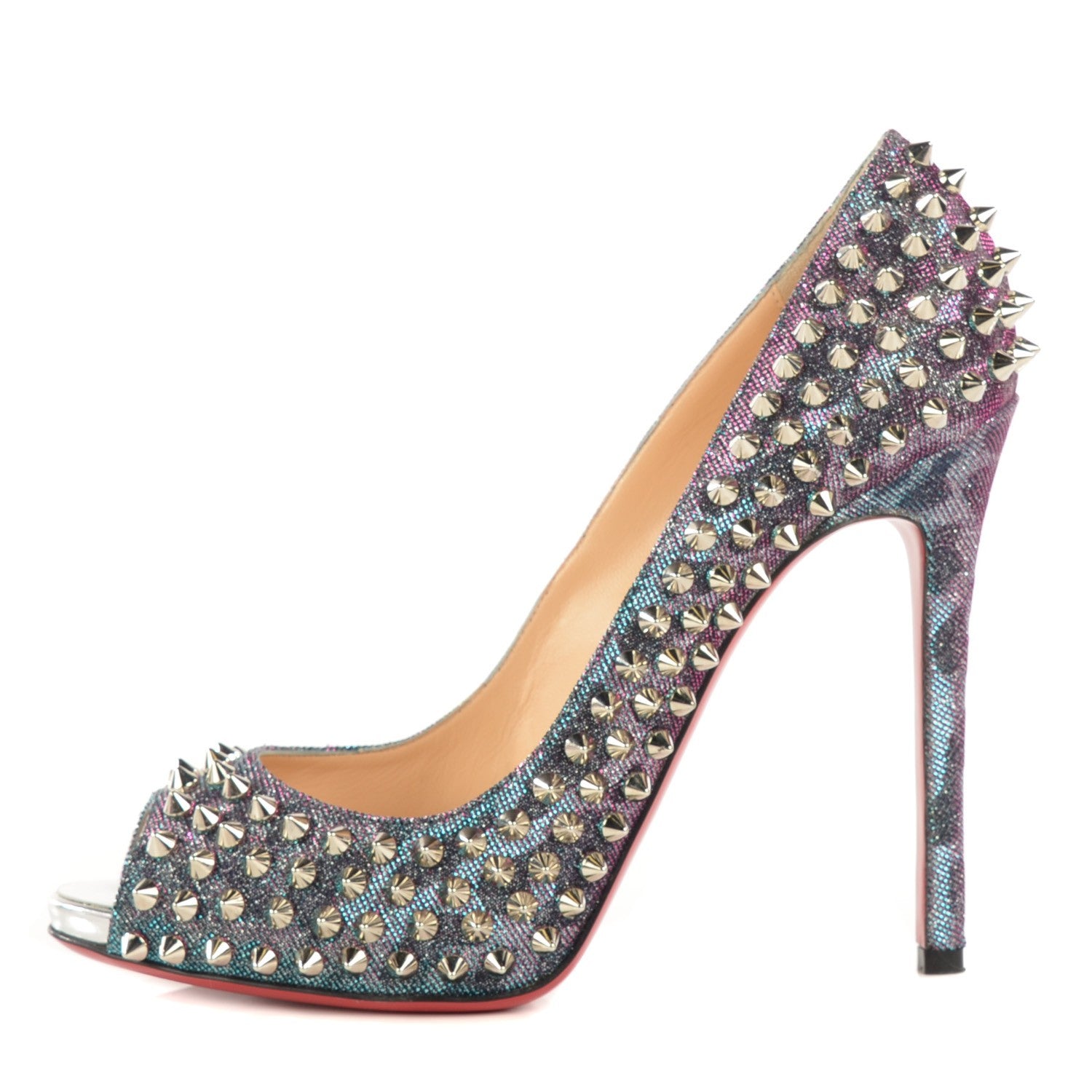 Christian Louboutin Metallic Lame Peep Spikes 120 Platform Peep Toe Pumps 39 Turquoise Violet Silver 1 of 8